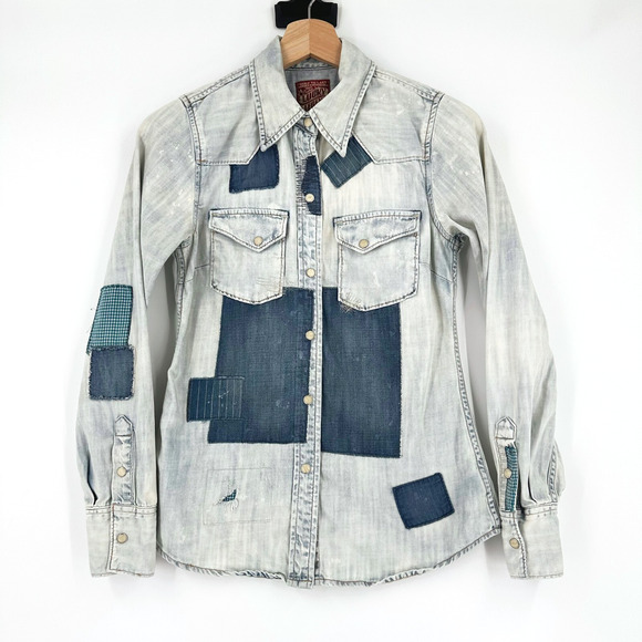 Lucky Brand Tops - Lucky Brand Legend Denim Patchwork Button Up Shirt XS Western Boho Cottage Farm